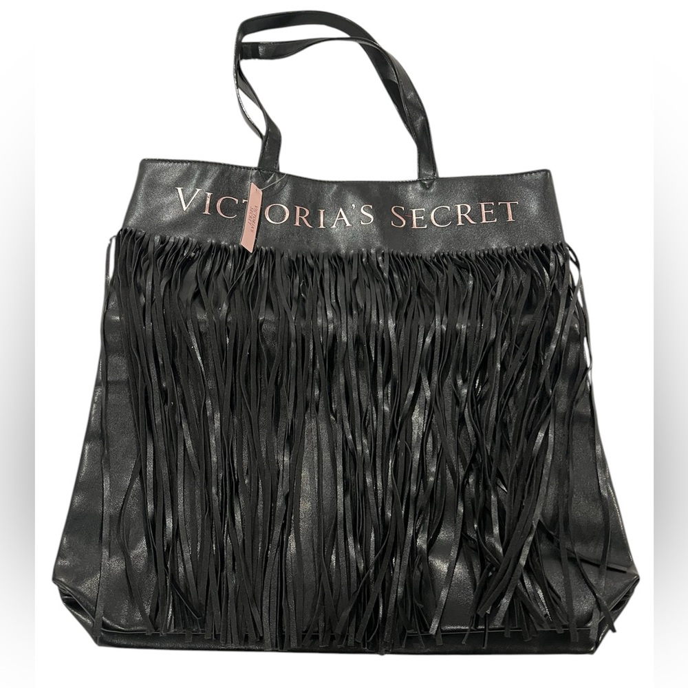 Victoria’s Secret Black Fringe Tote Shoulder Bag Gold Logo 15x17 Faux Leather